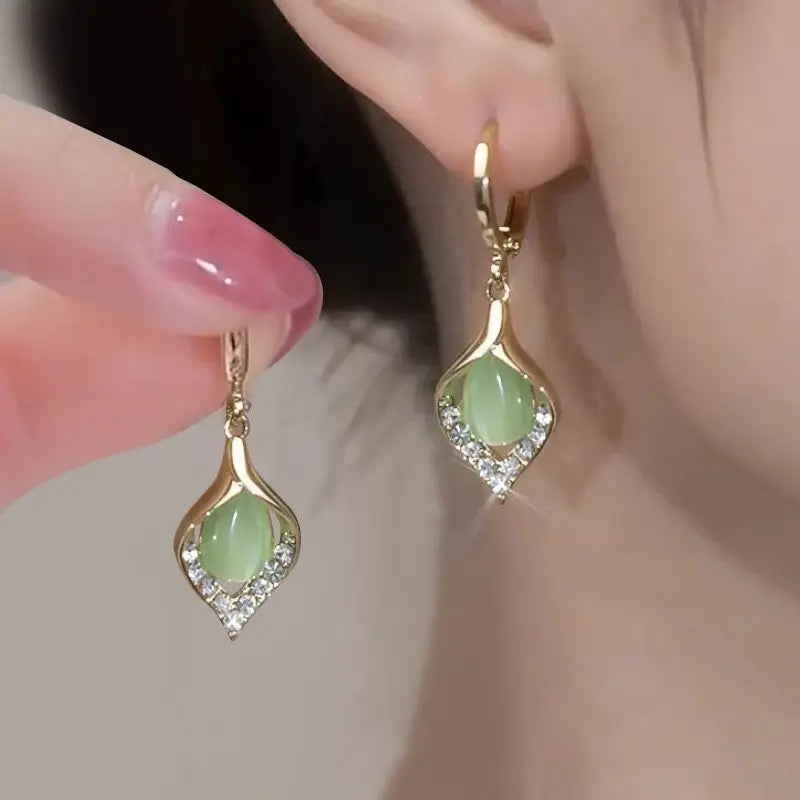 Green Water Drop Cat Eye Earrings for Women - Dangle Jewelry Gift