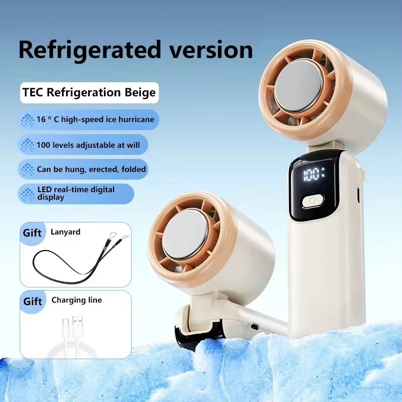 Portable Handheld Cooling Fan with Ice Technology - 100 Speeds, Foldable & Hangable for Outdoor Use