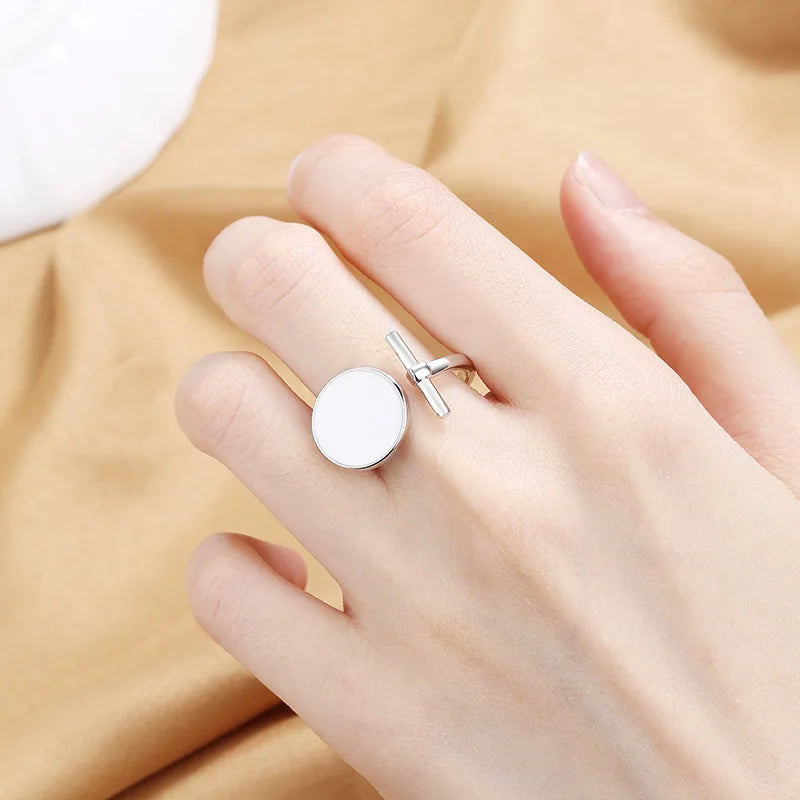 Geometric Open Ring for Women - Adjustable Silver & Black/White Epoxy Jewelry