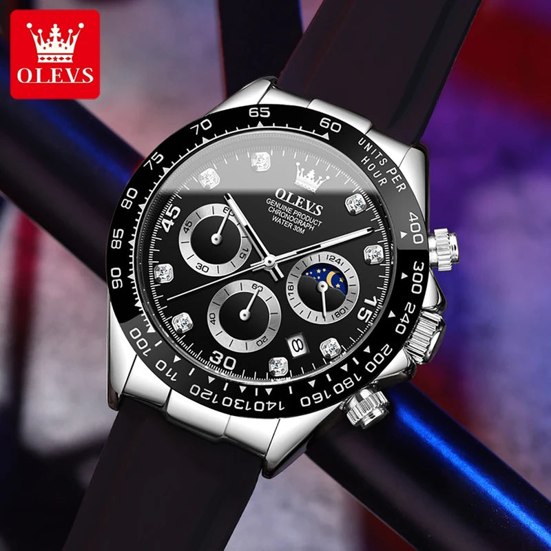 Men's Waterproof Quartz Sport Watch with Luminous Dial and Moon Phase