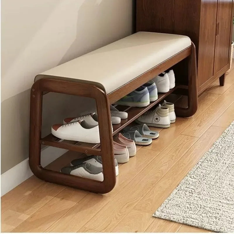 Solid Wood Shoe Changing Stool with Multi-Layer Shoe Storage - Household Shoe Rack