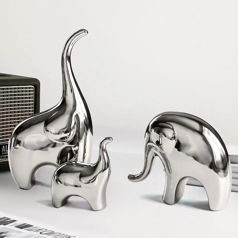 Silver Electroplated Ceramic Elephant Figurine Nordic Home Decor Gift