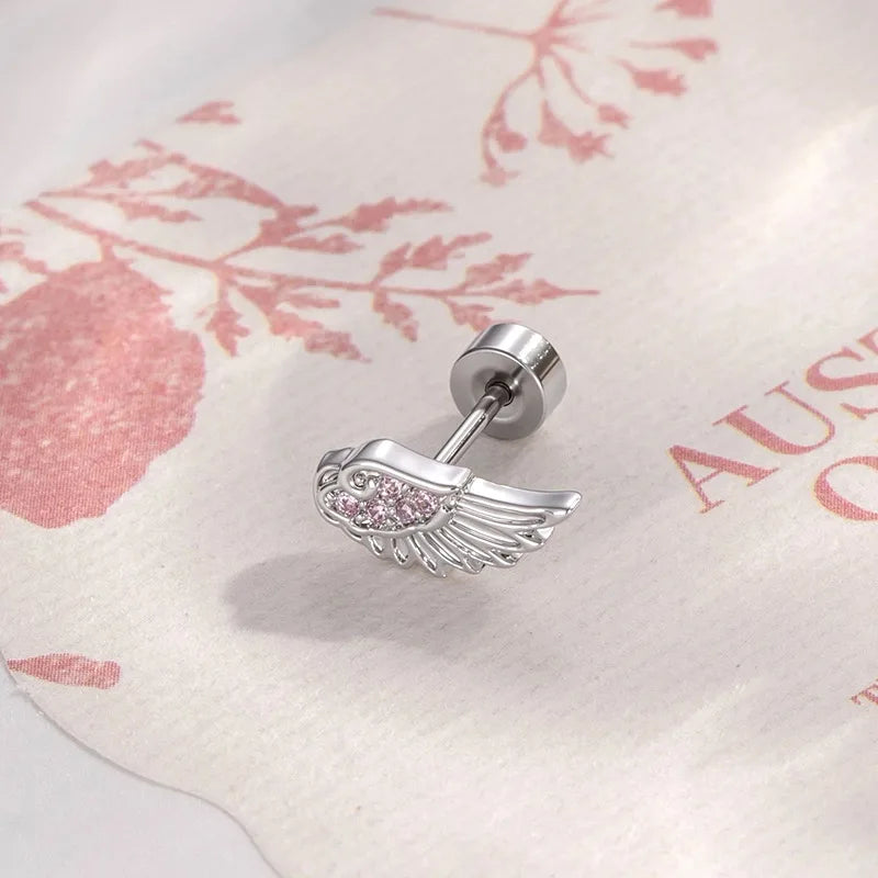 Hypoallergenic Titanium Earring Stud for Women and Girls - Angel Wing Design, Flat Back Body Jewelry