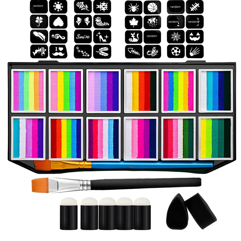 Face & Body Paint Kit with 65 Colors, 32 Stencils, Brushes & Sponges for Creative Makeup and Art