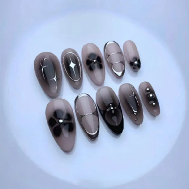 24Pcs Long False Nails with Almond Shape and Cat's Eye Silver Stripe Pattern — Press-On Nail Tips for Manicure