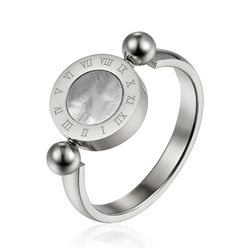 Elegant Rotatable Enamel and Shell Roman Numeral Woman Ring - Stainless Steel Jewelry