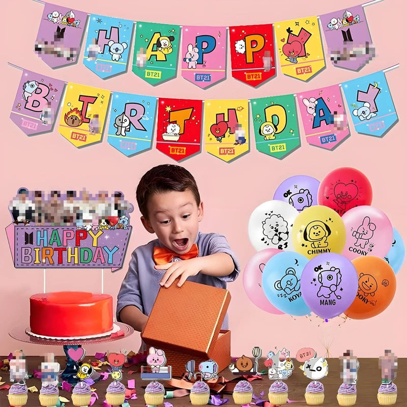 BT21 Birthday Flag and Balloon Decoration Set - Party Supplies for Celebration