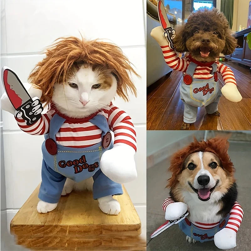 Halloween Pet Dog Costume with Bloody Doll & Knife for Holiday Party - Multiple Sizes