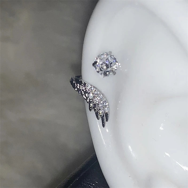 Silver Wing Ear Bone Nail Earrings for Women Rhinestone Ear Accessories