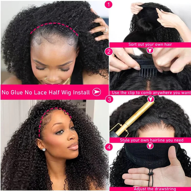 High Density Afro Kink Curly Half Wig - Human Hair Clip-In Wig 3-in-1 Deep Curly Style