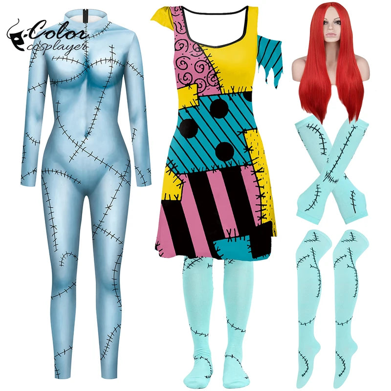 Halloween Sally Costume Dress Set for Women with Wig and Socks - Cosplay & Party Outfit