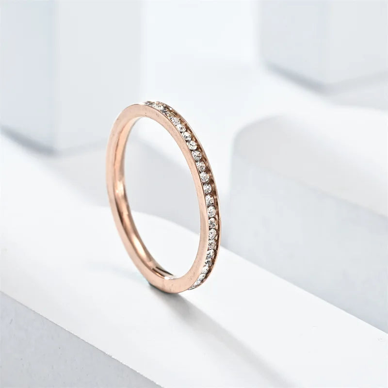 2mm Iced Out Bling Ring for Women Silver Plated Stainless Steel Engagement Jewelry