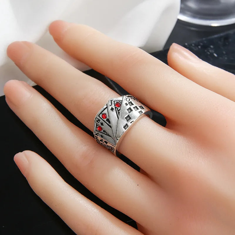 Vintage Metal Poker Ring for Men Women Adjustable Card Playing Jewelry