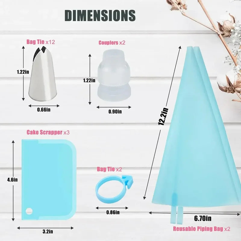 Reusable Cake Decorating Piping Set with Stainless Steel Tips & Silicone Pastry Bags