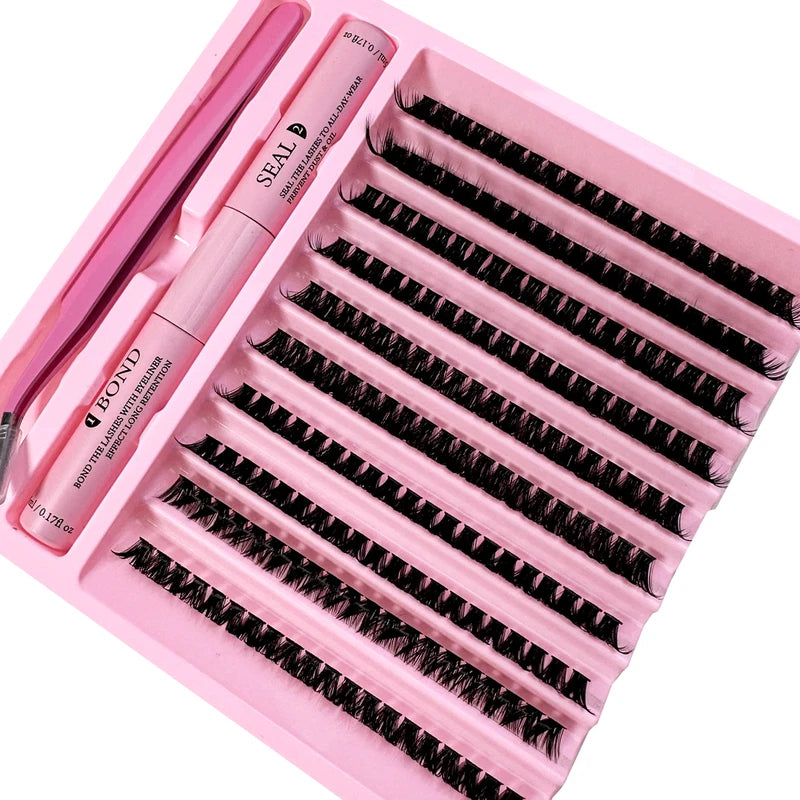 DIY Cluster Lash Kit with 8-16mm Mixed Length Eyelash Extensions, Tweezers, Bond & Seal for Self Application