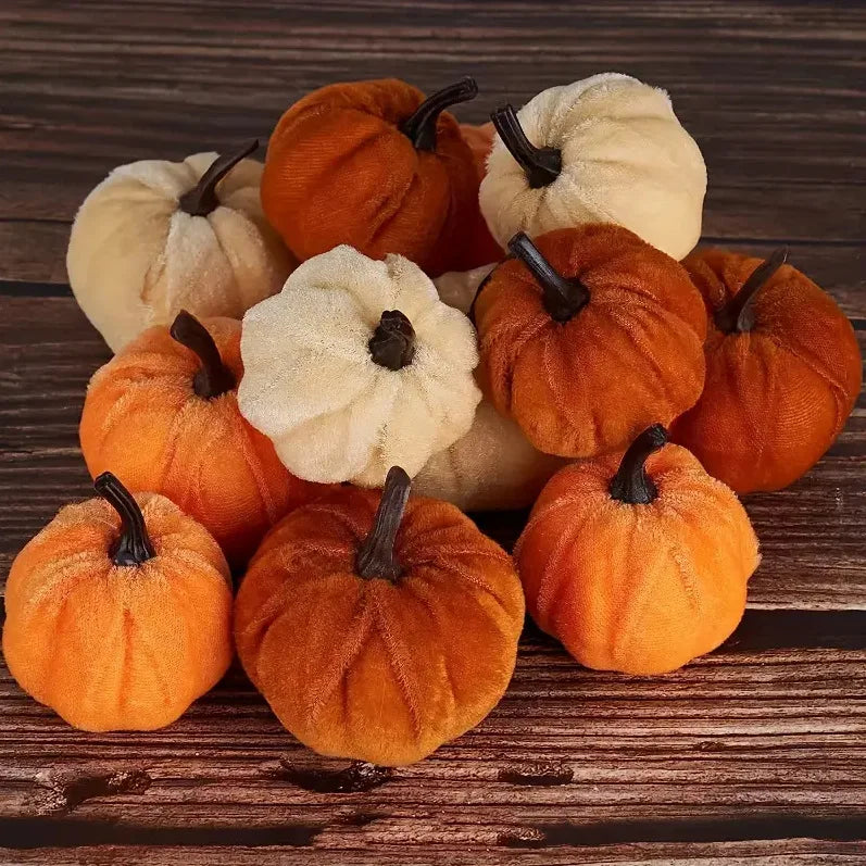 10pcs Velvet Artificial Pumpkin Fall Decor Set for Autumn Halloween Thanksgiving