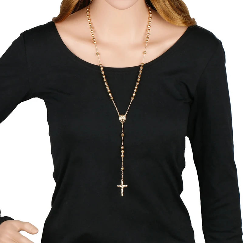 6MM Catholic Rosary Necklace for Women & Men Long Prayer Beads Cross Pendant Religious Jewelry Gift