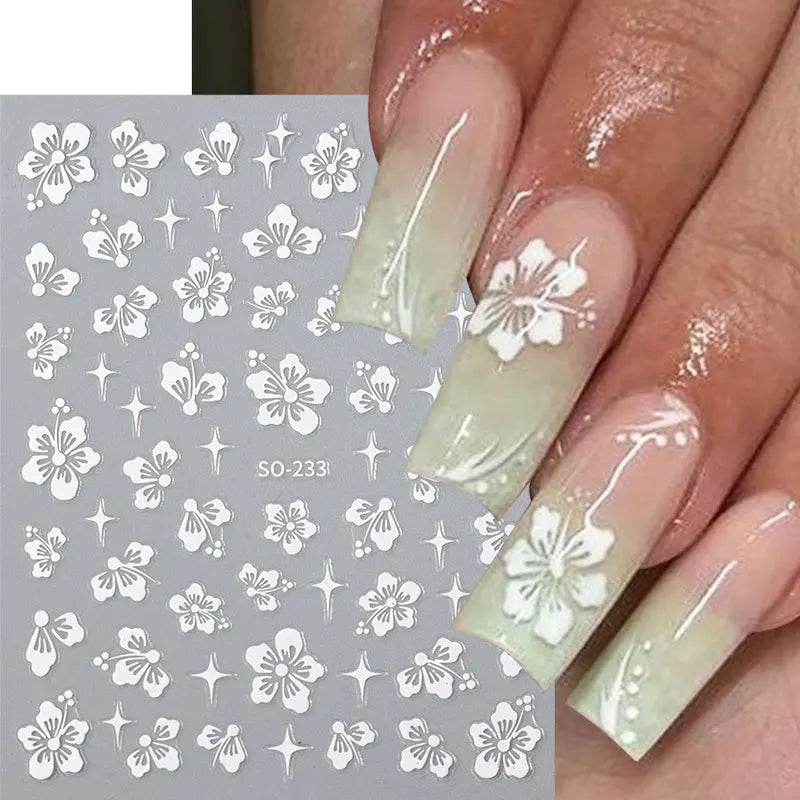 4pcs 3D Hibiscus Flower Nail Art Stickers Tropical Floral Decals for Manicure