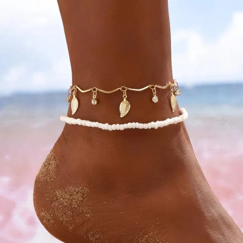 Colorful Beaded Anklet Foot Jewelry with Heart Pendant for Summer Beach Bridal