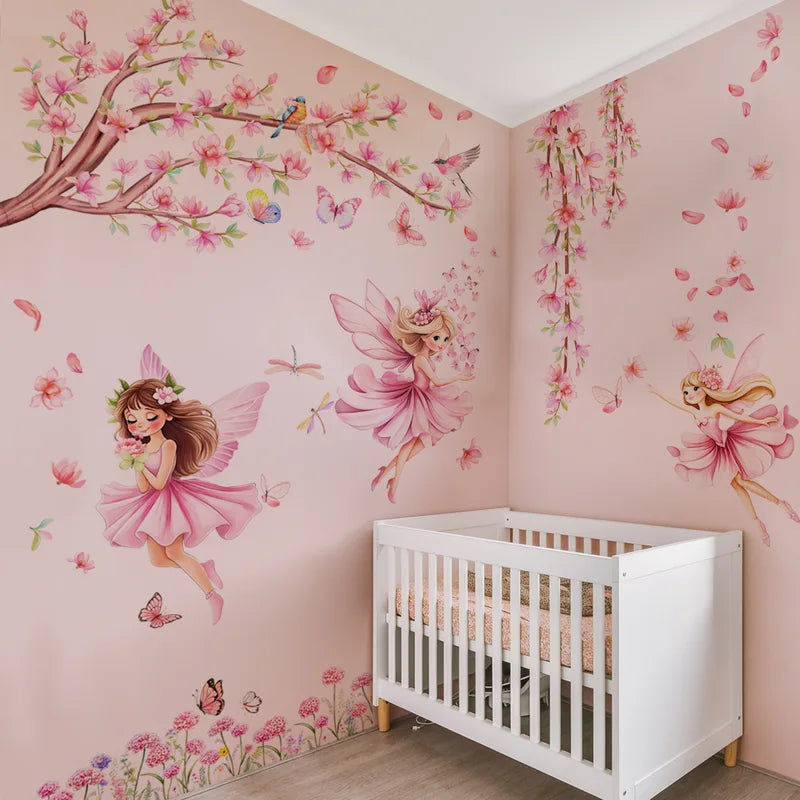 Children's Room Wall Stickers - Tree Branches Birds Butterflies Elf Girls Decor