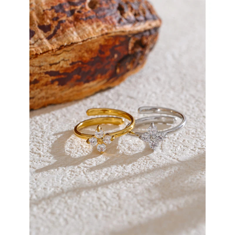 Adjustable Stainless Steel Flower Ring with Cubic Zirconia for Women - Shiny Finger Jewelry