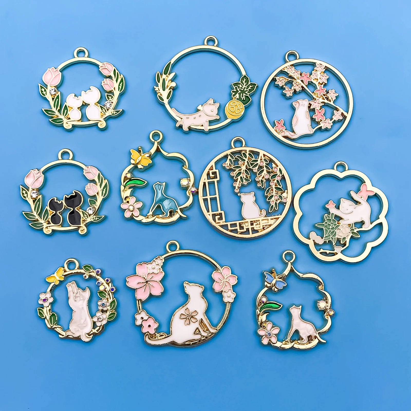 10pcs Alloy Pendant Set with Enamel Leaf and Cat Charms for DIY Jewelry Making