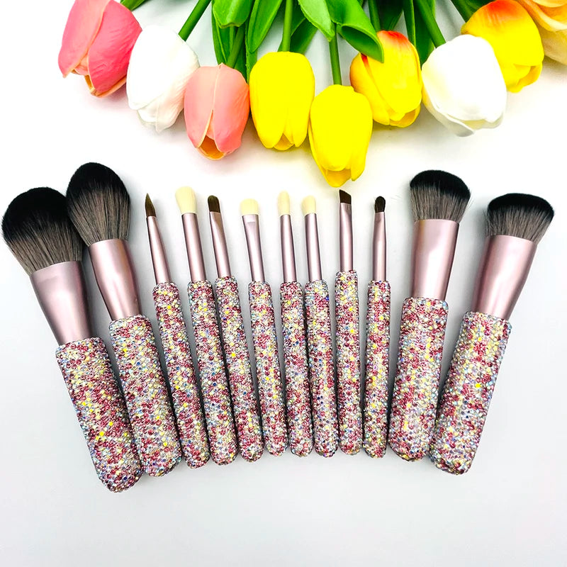 12 Piece Makeup Brush Set with Rhinestones - Face, Eye, Foundation, Blending Tools