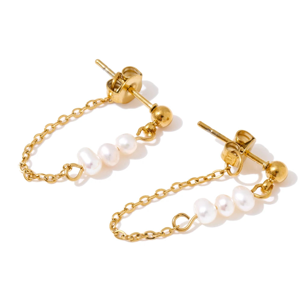 Women’s Stainless Steel Pearl Chain Drop Earrings with Tassel