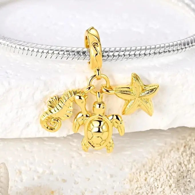 Sterling Silver Charm Bead Set with Tortoise Whale Shark Seahorse Dolphin Starfish for Jewelry Making