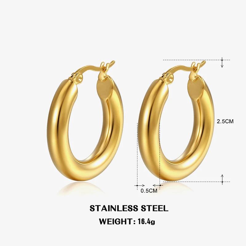 Classic Round Hoop Earrings for Women - Stainless Steel, 5mm Thick, Vintage Jewelry