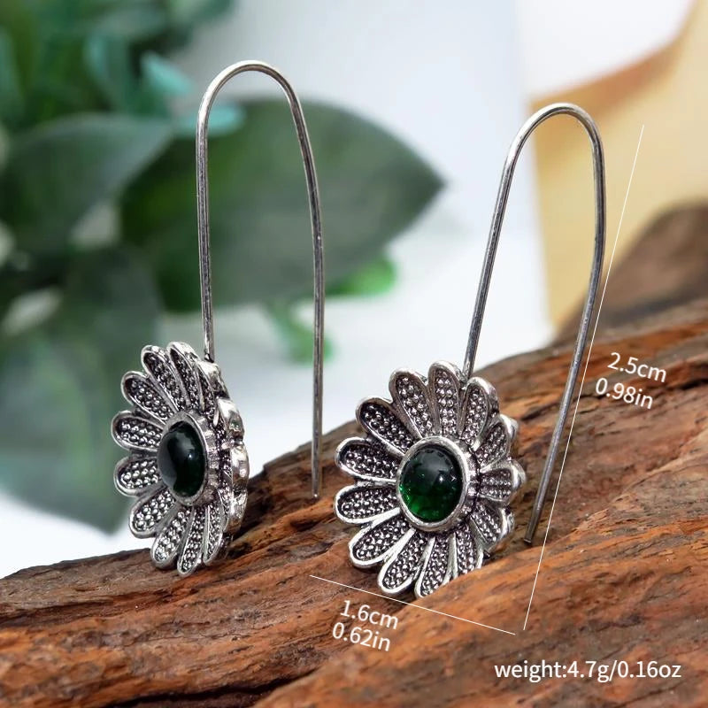 Vintage Green Flower Earrings for Women Silver Jewelry Gift