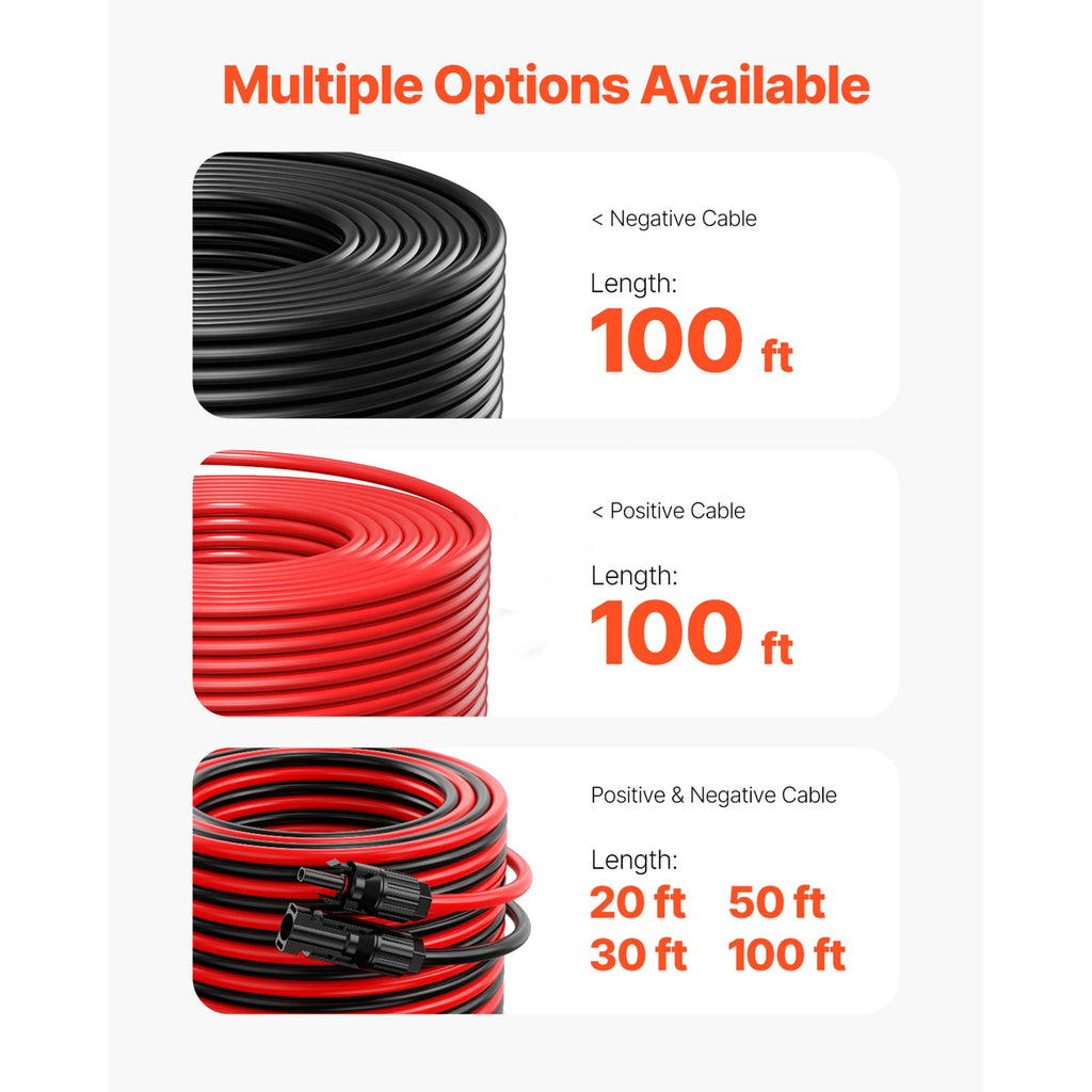 Solar Panel Extension Cable 20FT-100FT Waterproof 10AWG PV Power Cord