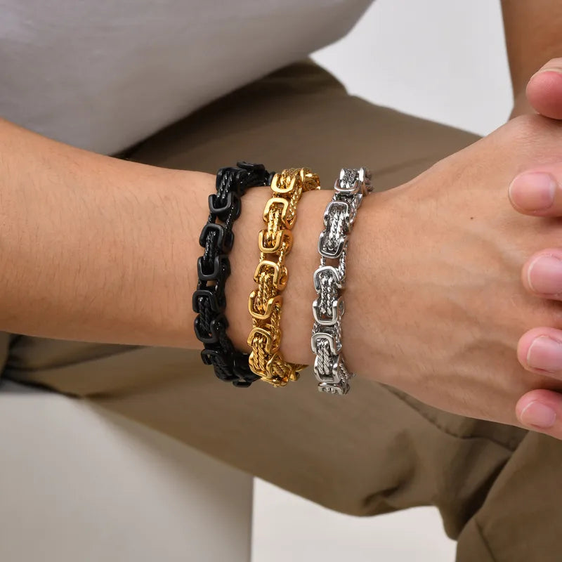 Stainless Steel Byzantine Bracelet for Men - Vintage Style Bold Square Links
