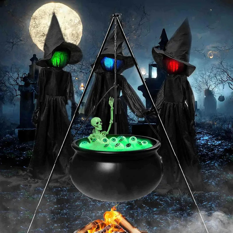 Halloween Witches Cauldron with Tripod, Green Eyeballs, Skeleton & Lights - Outdoor Yard Decor