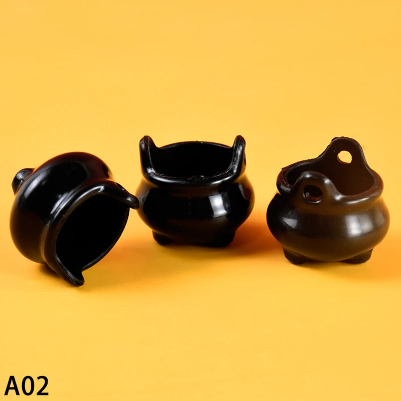 Halloween Miniature Witch Hats Set - Resin Cauldron Props for Party & Decor