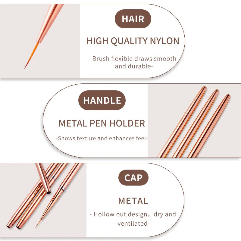 Rose Gold Nail Art Brushes Set - Fine Line & Flower Painting Manicure Tools