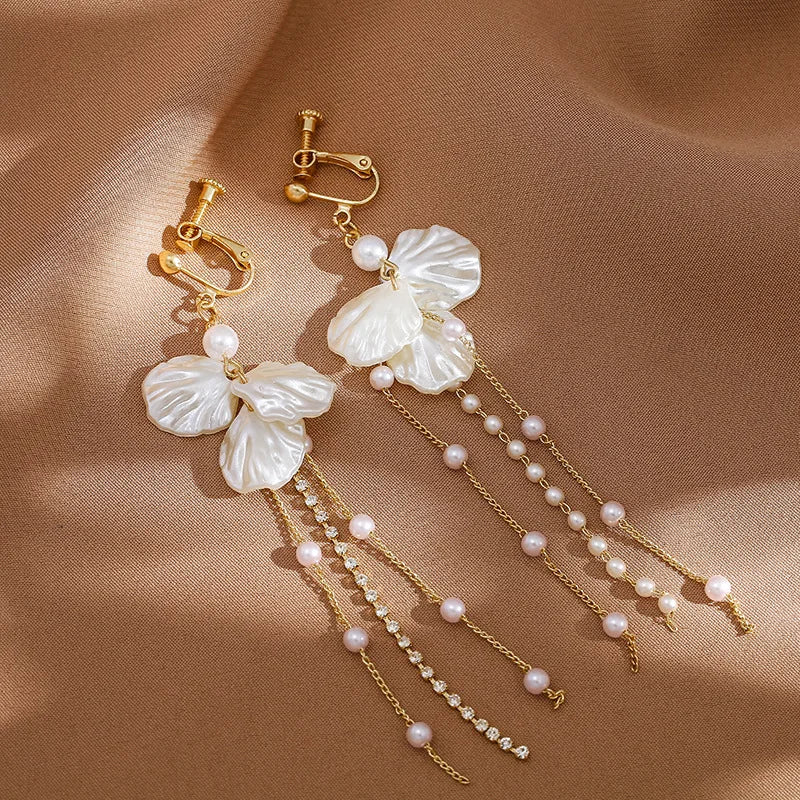 Long Pearl Clip Earrings with Tassel No Hole Shell Imitation Jewelry for Women