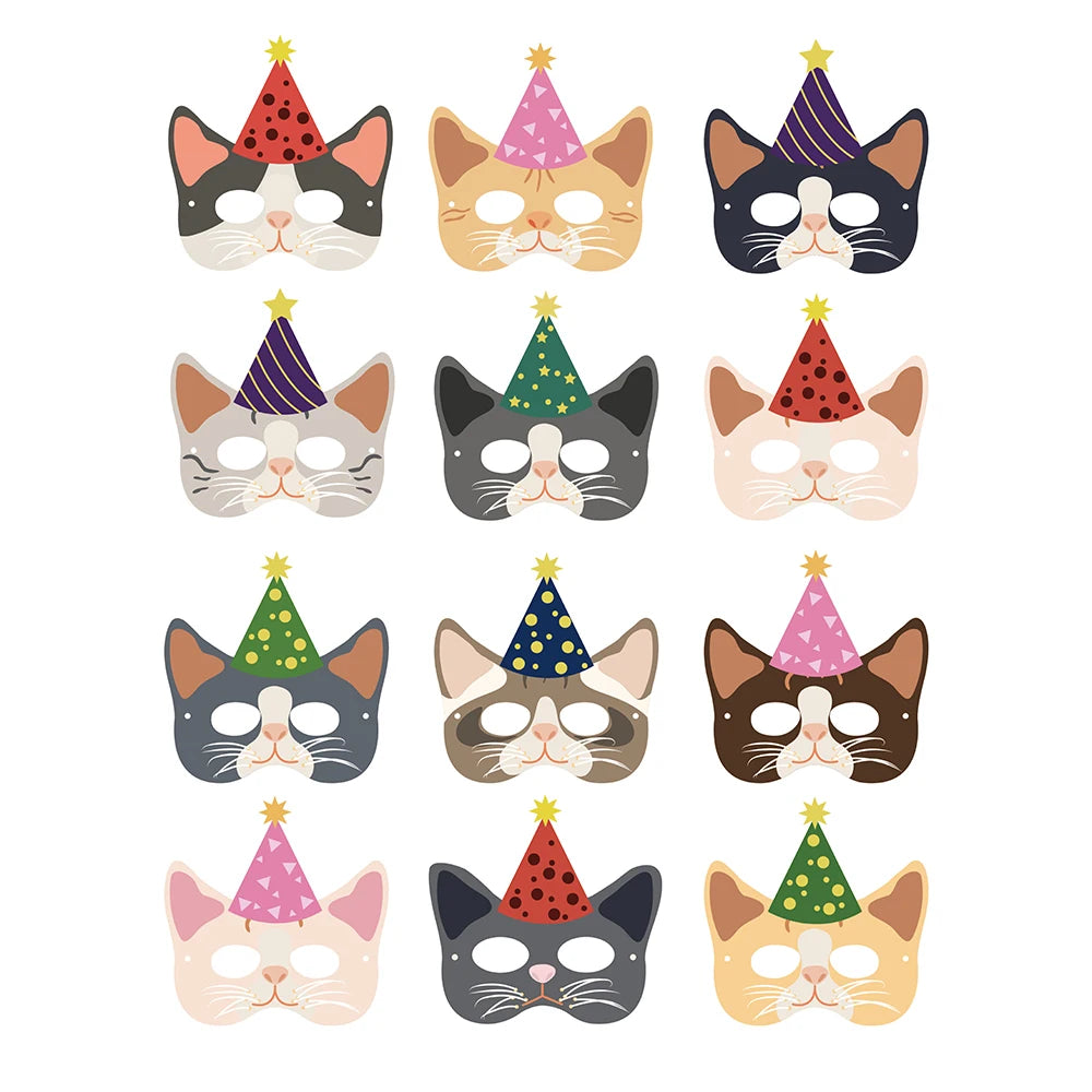 Party Cartoon Cat Masks - 12PCS Cute Pet Cat Face Decorations for Birthdays & Events