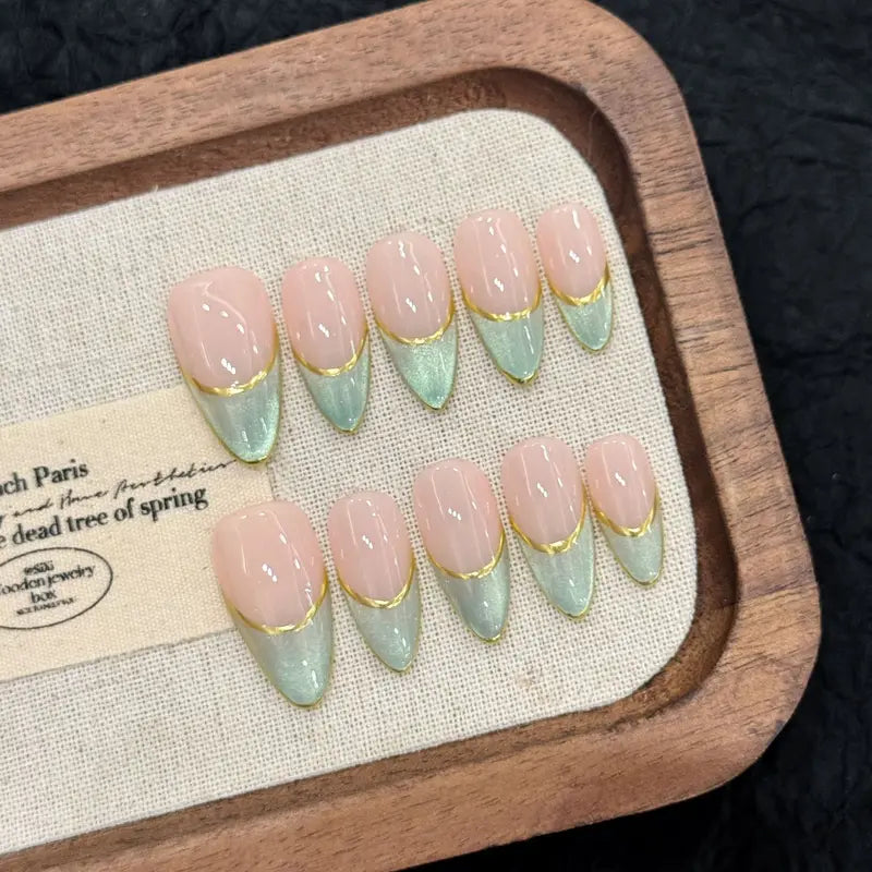 10PCS Handmade Press On Nails French Style with Glass Beads and Cat's Eye Effect