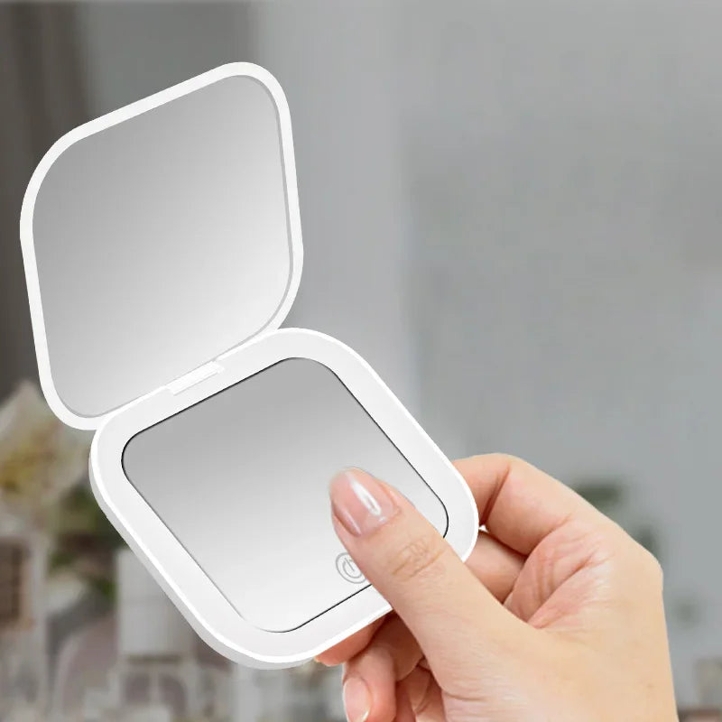Portable Folding Cosmetic Mirror with Lights - 2X Magnification, Travel-Friendly