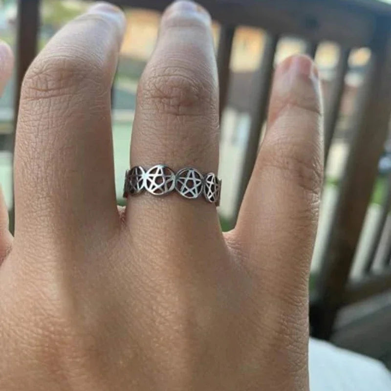 Stainless Steel Pentagram Ring for Women Geometric Wicca Protection Jewelry