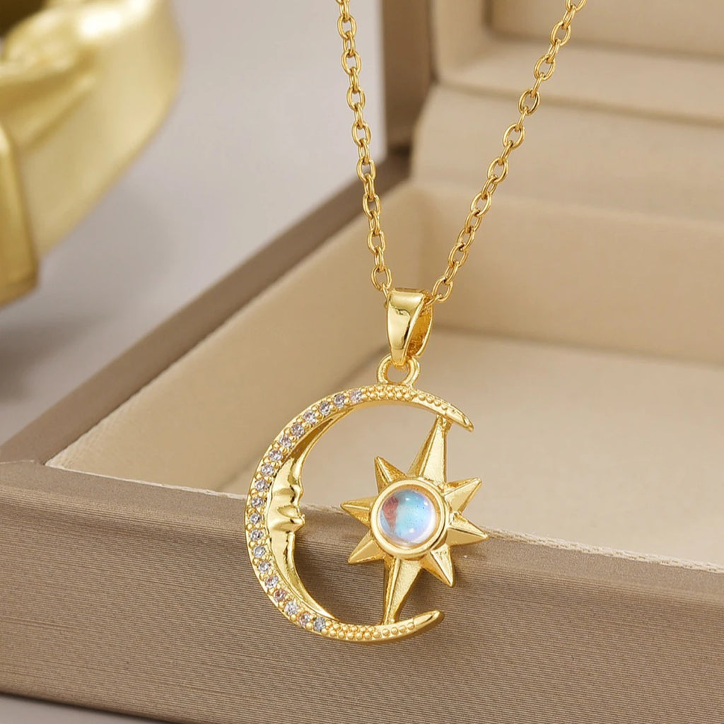 Women’s Moon Necklace with Star Pendant Stainless Steel Collarbone Chain Jewelry