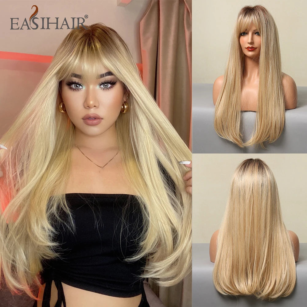 Long Straight Synthetic Wig with Ombre Dark Brown Bangs for Women - Heat Resistant, Daily Wear & Cosplay