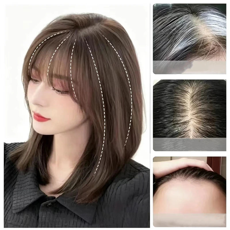 Synthetic Hair Topper with Bangs - Invisible 3D Hair Toupee for Men & Women