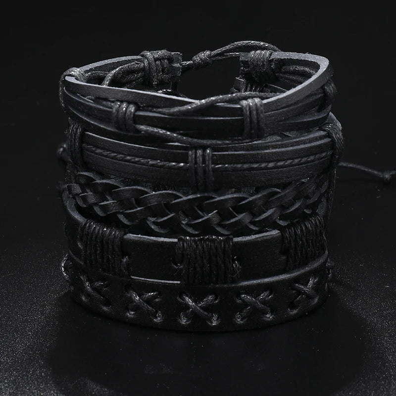 5pcs Unisex Punk Rock Leather Braid Bracelets - Adjustable & Stylish