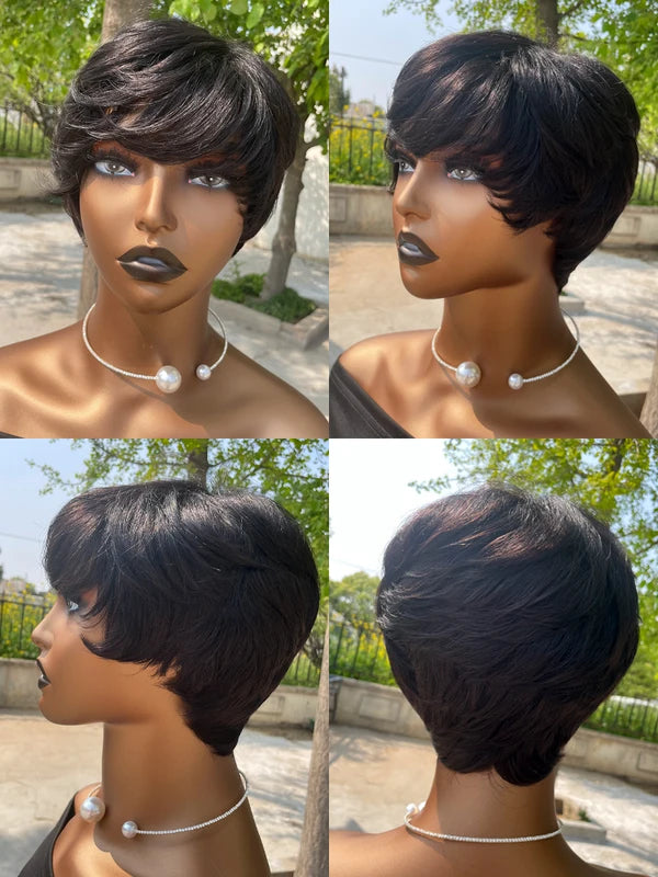 Human Hair Wigs Short Pixie Cut with Bangs for Black Women - Machine Made Natural Look