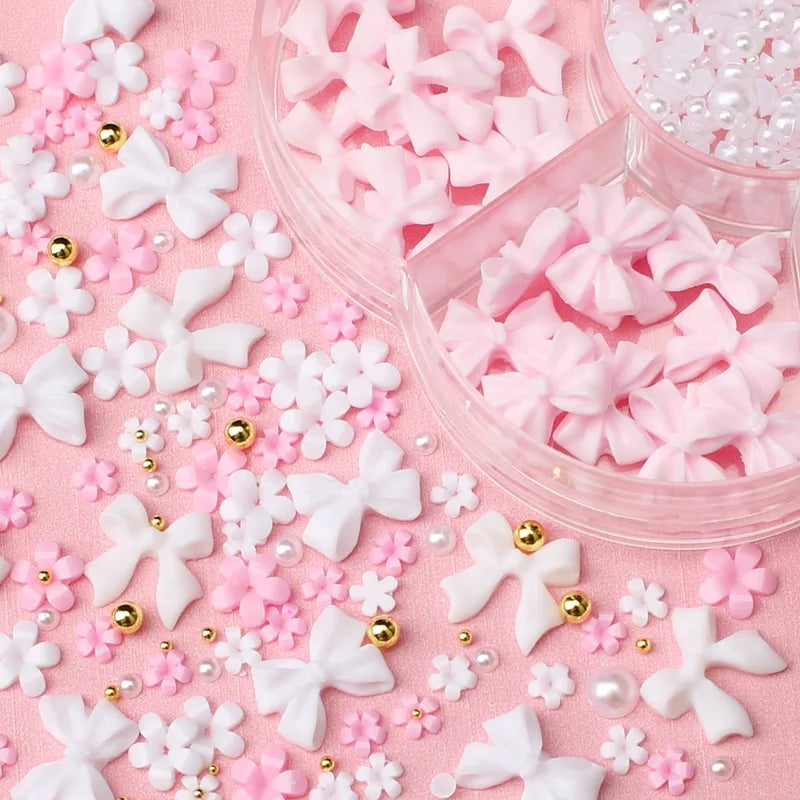 3D Flower Nail Art Decorations Kit with Beads & Floral Charms – Pink & White Acrylic Designs, Includes Wax Pen & Tweezer