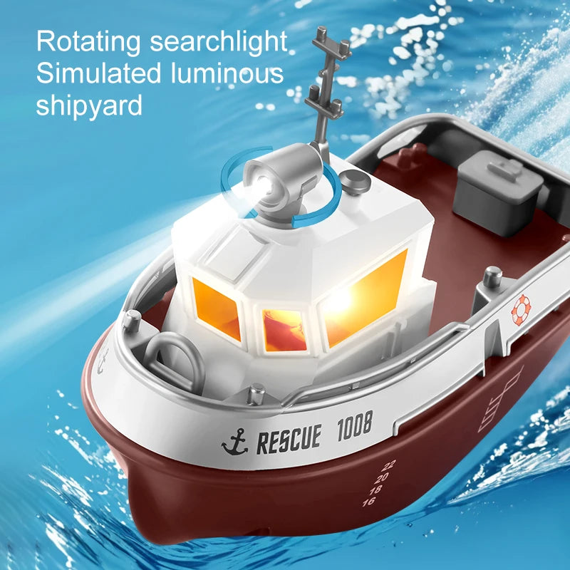 Remote Control Water Tugboat Toy with Lights - 1/32 Scale, Dual Motor, Long Range