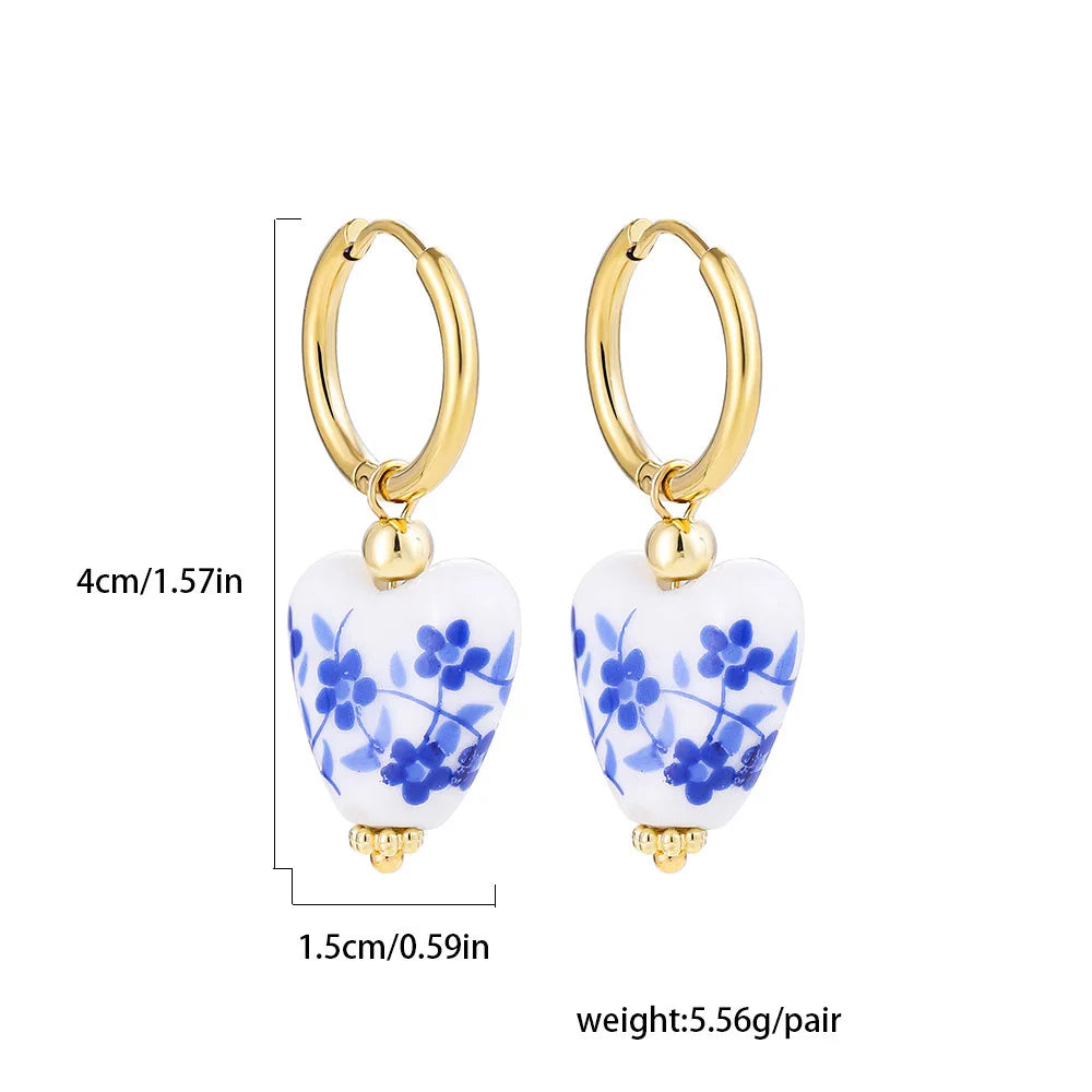 Blue & White Porcelain Teapot Pendant Earrings Vintage Ceramic Heart & Pearl Dangle Jewelry