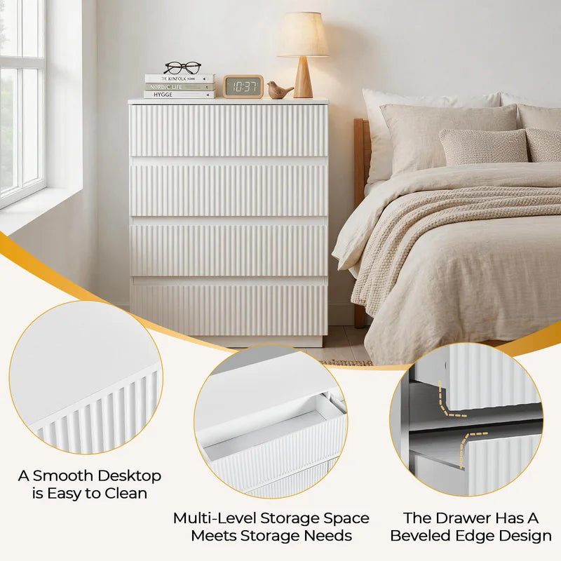 White Fluted 4-Drawer Chest of Drawers - Tall Storage Dresser for Bedroom & Living Room